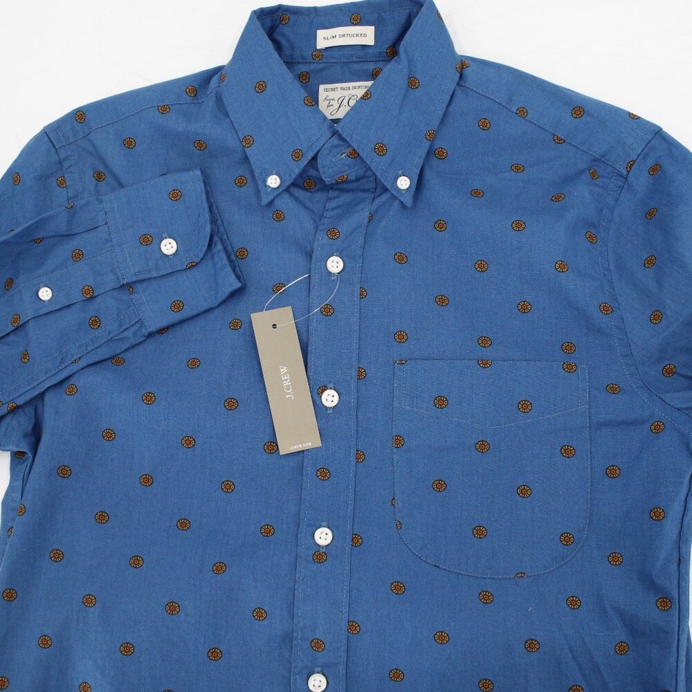 NWT J Crew Shirt Men XS Slim Untucked Secret Wash Cotton Blue Floral geo pattern